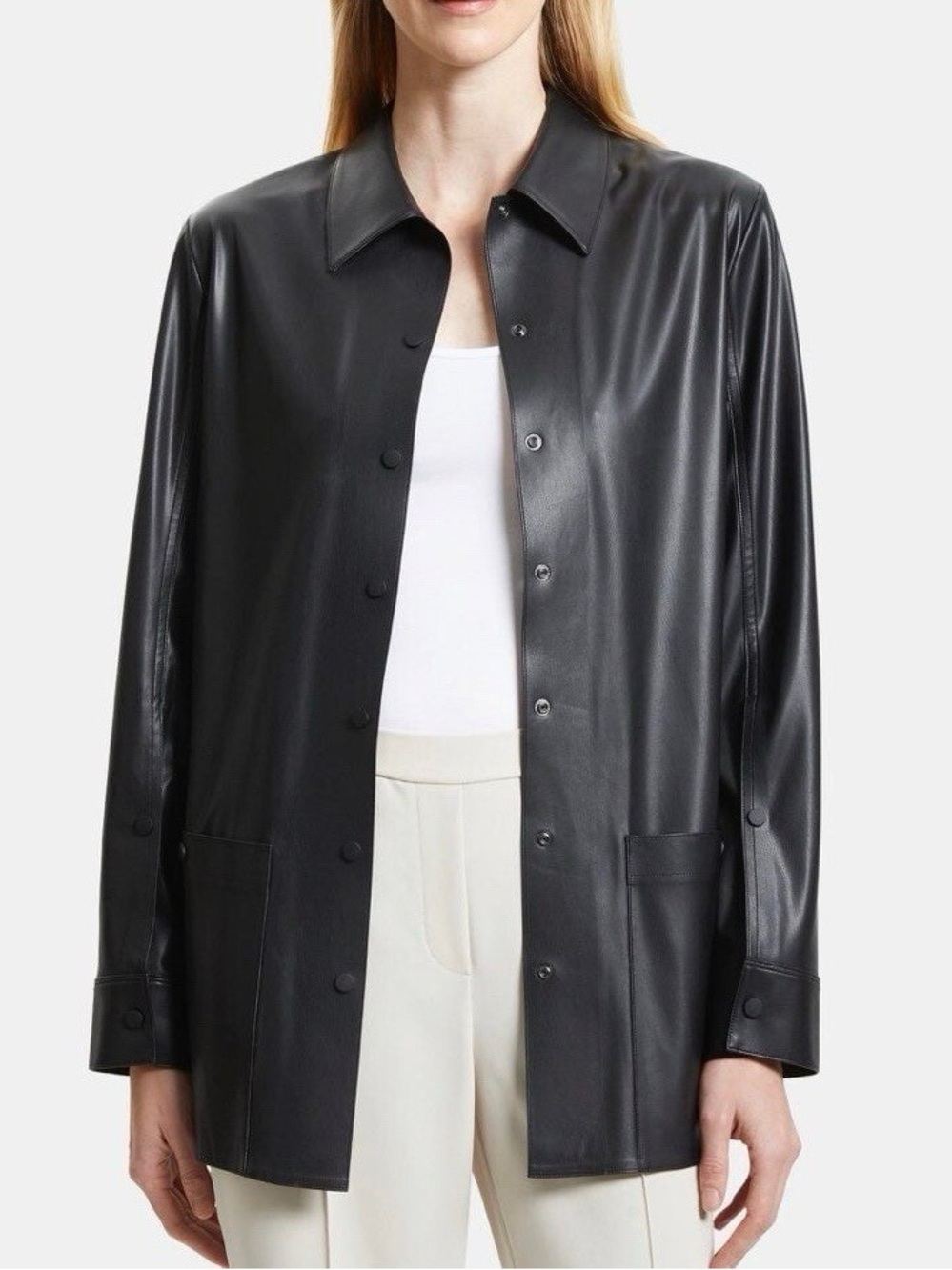 Theory Faux Leather Shirt Jacket Black Oversized Snap Front Pockets Size L